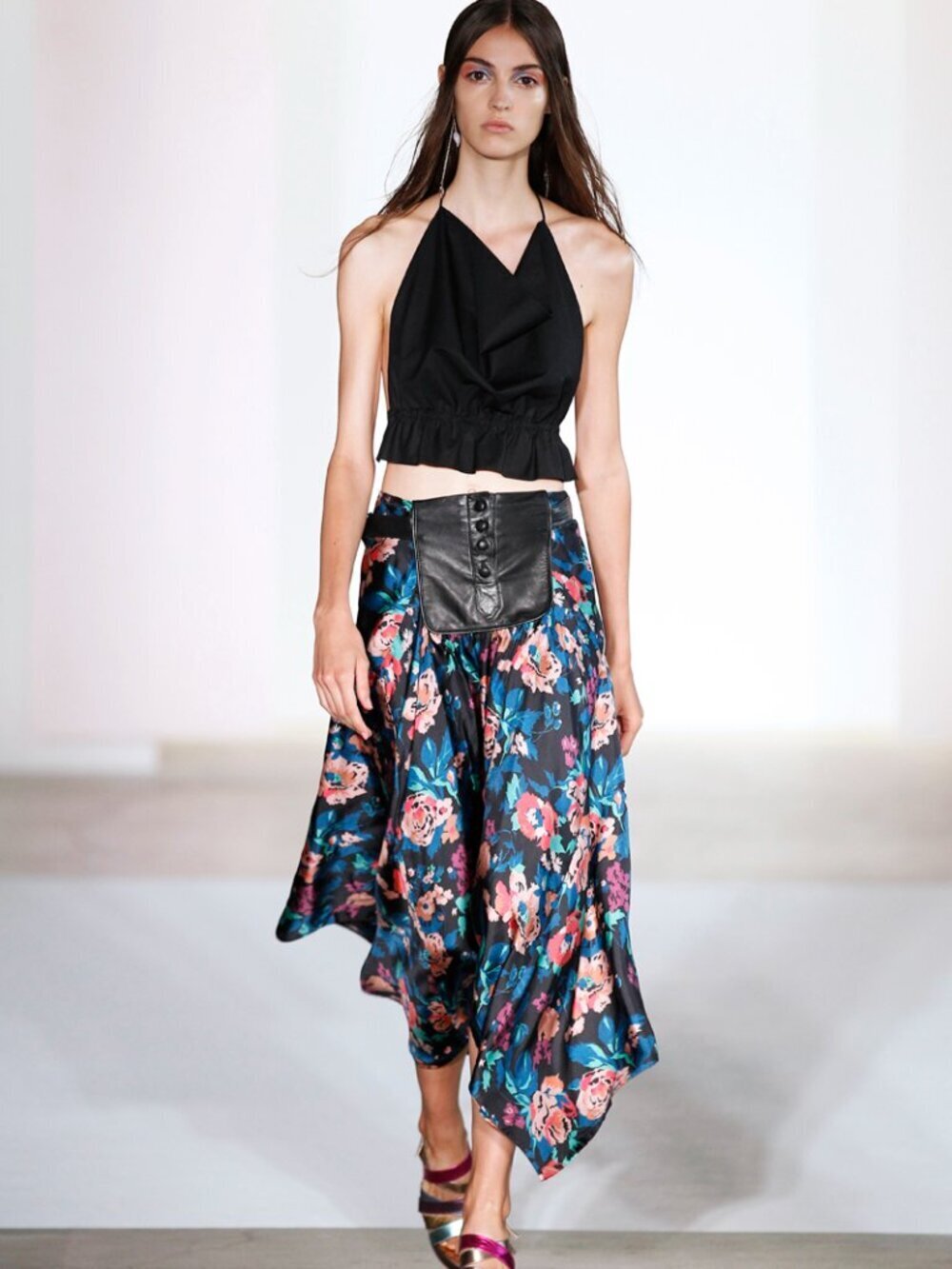 JILL STUART Black Floral Silk Twill Leather Trim Handerchief Midi Skirt, Size S